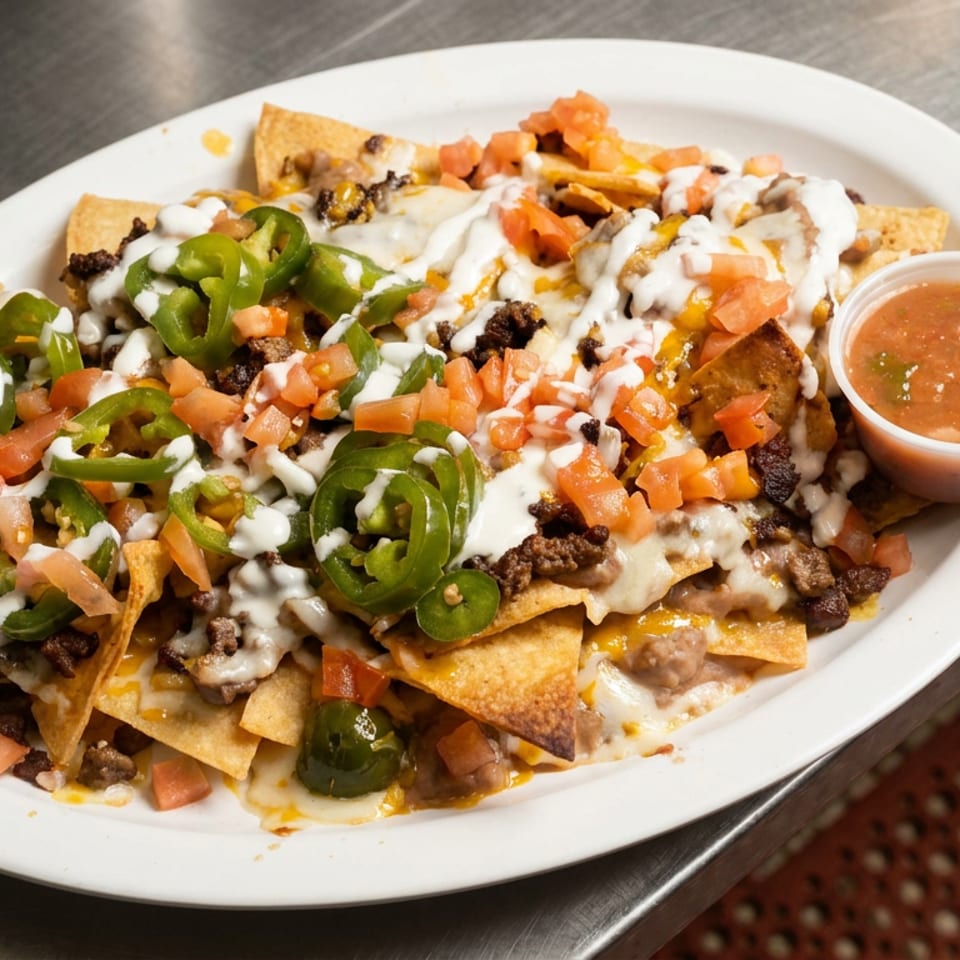 Loaded nachos topped with ground meat, melted cheese, jalapeños, diced tomatoes, sour cream, and salsa on a white plate.