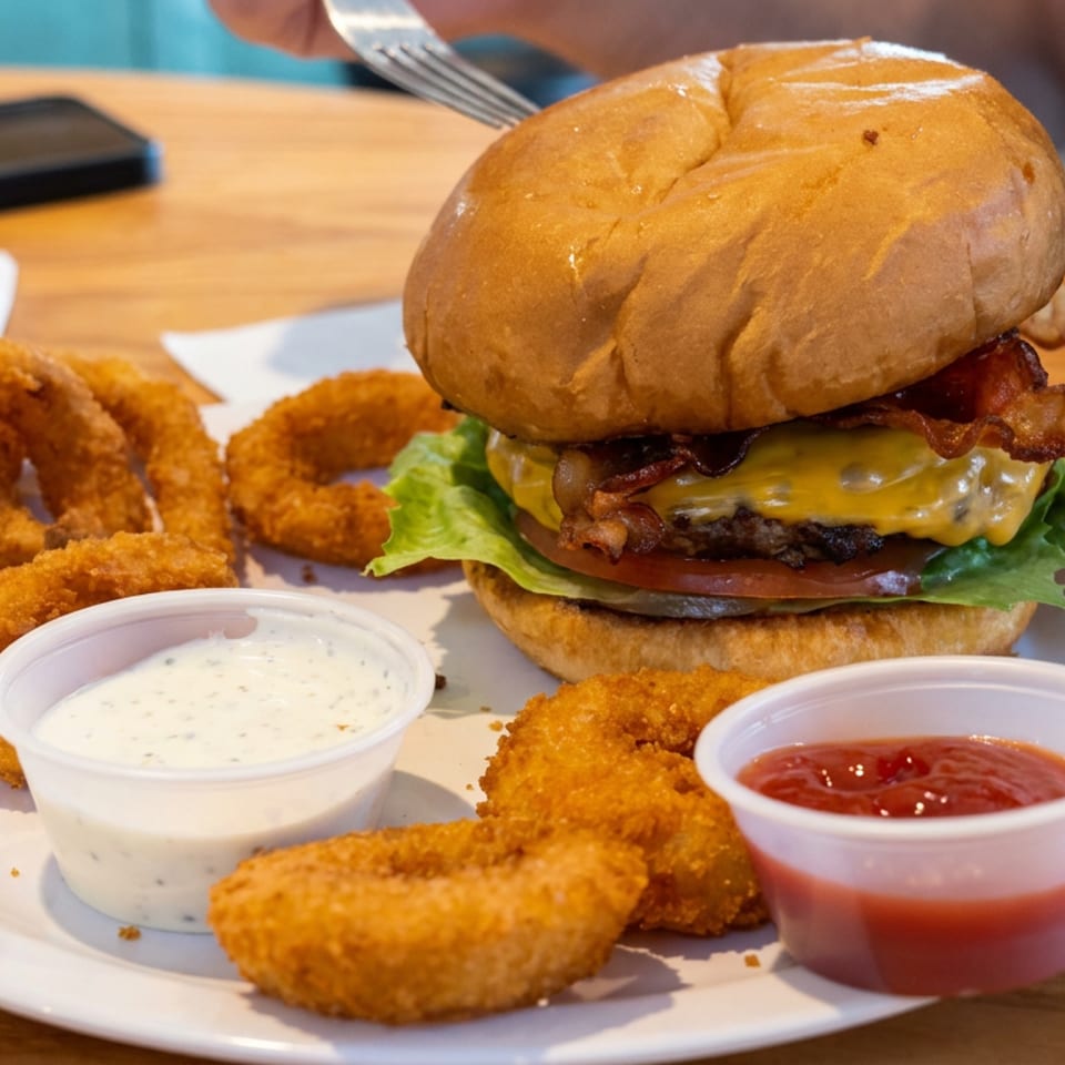Bacon cheeseburger with lettuce and tomato served alongside onion rings, fried sides, ranch dressing, and ketchup.