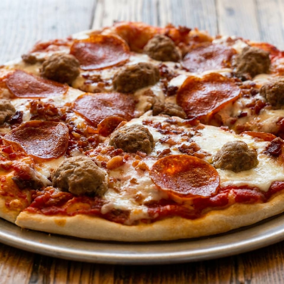 Pepperoni and meatball pizza with melted cheese and tomato sauce on a metal tray atop a rustic wooden table.