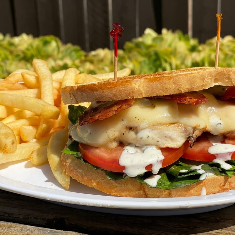 Grilled chicken sandwich with melted cheese, bacon, lettuce, tomato, and creamy sauce served with fries on a white plate outdoors.