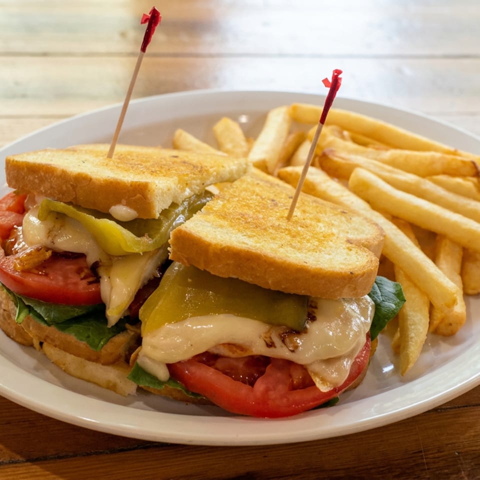 Two toasted sandwiches with grilled chicken, melted cheese, peppers, tomatoes, and lettuce served with fries on a plate.