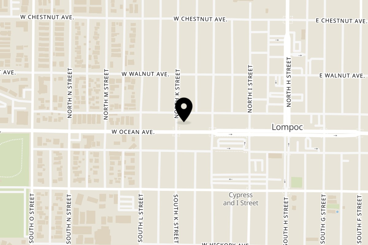 Map showing the location of Johnny's Bar & Grill on 321 W Ocean Ave in Lompoc